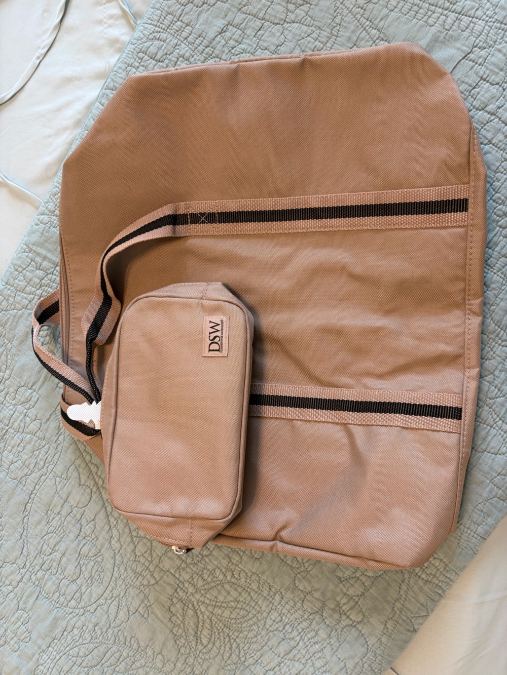 DSW Tan Travel Tote with Black-Striped Webbing and Detachable Pouch